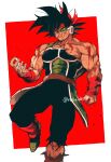  1boy absurdres armor bardock battle_damage black_eyes black_hair bleeding blood blood_from_mouth blood_on_arm blood_on_clothes blood_on_face blood_on_hands bodysuit broken broken_armor bruise cuts dragon_ball dragon_ball_z full_body headband highres injury looking_at_viewer male_focus monkey_tail muscular muscular_male open_mouth relio_db318 saiyan saiyan_armor scar scar_on_cheek scar_on_face scouter scratches short_hair simple_background smile spiked_hair tail tail_around_waist teeth torn_bodysuit torn_clothes wristband 