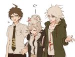  1girl 2boys :d ahoge badge black_shirt bow breast_pocket brown_eyes brown_hair cowboy_shot danganronpa_(series) danganronpa_2:_goodbye_despair detached_sleeves dress_shirt ear_bow galaga green_jacket green_necktie hair_ornament highres hinata_hajime hood hood_down hooded_jacket jacket kaminezu komaeda_nagito light_brown_hair long_sleeves medium_hair miniskirt multiple_boys nanami_chiaki necktie on_head open_clothes open_jacket open_mouth pleated_skirt pocket print_shirt shirt short_hair simple_background skirt sleeping smile translation_request usami_(danganronpa) white_background white_shirt 