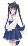  1girl :o animal_ear_fluff animal_ears anz32 black_hair black_ribbon blue_bow blue_eyes blue_skirt bow breasts collared_shirt commentary dog_ears dog_girl dog_tail dress_shirt feet_out_of_frame frilled_skirt frills hair_between_eyes hair_bow long_hair long_sleeves looking_at_viewer neck_ribbon original parted_lips pleated_skirt puffy_long_sleeves puffy_sleeves ribbon shirt simple_background skirt sleeves_past_wrists small_breasts solo standing symbol-only_commentary tail twintails twitter_username very_long_hair white_background white_shirt 
