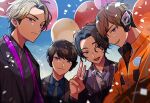  4boys android balloon black_hair black_jacket black_shirt blonde_hair blue_eyes brown_hair celebration headgear hito01 horobi_(kamen_rider_01) humagear_headphones ikazuchi_(kamen_rider_01) jacket jin_(kamen_rider_01) jumpsuit kamen_rider kamen_rider_01_(series) long_sleeves looking_at_viewer male_focus multiple_boys naki_(kamen_rider_01) necktie open_mouth orange_jacket orange_jumpsuit robot_ears shirt short_hair smile 