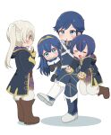  2boys 2girls :o black_coat blue_eyes blue_gloves blue_hair blue_pants blush boots brand_of_the_exalt brown_footwear carrying carrying_under_arm chrom_(fire_emblem) coat covering_own_mouth family fingerless_gloves fire_emblem fire_emblem_awakening full_body gloves hair_between_eyes highres long_hair long_sleeves lucina_(fire_emblem) morgan_(fire_emblem) morgan_(male)_(fire_emblem) multiple_boys multiple_girls open_clothes open_coat pants robin_(female)_(fire_emblem) robin_(fire_emblem) rukinya_nya short_hair symbol_in_eye tiara twintails white_background white_hair white_pants yellow_eyes 