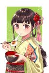  1girl bowl brown_eyes brown_hair chopsticks eating green_background hair_ornament hair_up highres holding holding_bowl japanese_clothes kimono looking_at_viewer nengajou new_year obi original sash teiku_(tokagezaurusu) upper_body wide_sleeves zouni_soup 