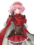  1girl armor breastplate commentary_request covered_navel cowboy_shot fire_emblem fire_emblem_engage grey_background hair_ribbon hairband highres lapis_(fire_emblem) looking_at_viewer miniskirt pink_eyes pink_hair red_hairband red_skirt ribbon short_hair shoulder_armor simple_background skirt solo standing white_ribbon zqzbq 