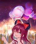  :3 :d absurdres ahoge animal_ears aqua_eyes ascot balloon bangs bare_shoulders blurry blurry_background blush bokeh bow building character_name collared_shirt crowd dated depth_of_field disney disneyland ezusa fake_animal_ears hair_bow hair_intakes highres holding holding_balloon ichinose_shiki idolmaster idolmaster_cinderella_girls lamppost light_particles long_hair looking_at_viewer mickey_mouse_ears night night_sky one_eye_closed open_mouth outdoors purple_hair purple_neckwear red_bow shirt sky sleeveless sleeveless_shirt smile solo_focus teeth tree twitter_username upper_body wavy_hair white_shirt 