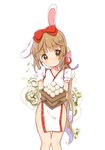  animal_ears bangs blush bow brown_eyes bunny_ears bunny_hair_ornament caracorn china_dress chinese_clothes closed_mouth dango dress eyebrows_visible_through_hair food hair_bow hair_ornament head_tilt holding idolmaster idolmaster_cinderella_girls kemonomimi_mode light_brown_hair long_hair looking_at_viewer pelvic_curtain puffy_short_sleeves puffy_sleeves red_bow short_sleeves smile solo standing very_long_hair wagashi white_background white_dress yorita_yoshino 