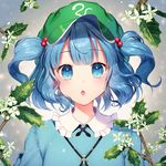  blue_eyes blue_hair blue_shirt commentary_request eyebrows_visible_through_hair green_hat hair_bobbles hair_ornament hat holly kawashiro_nitori key leaf looking_at_viewer momoshiki_tsubaki parted_lips shirt short_hair solo touhou two_side_up upper_body 