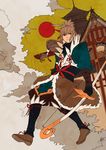  architecture bow_(weapon) cloud east_asian_architecture fire_emblem fire_emblem_if gloves highres holding holding_bow_(weapon) holding_weapon japanese_clothes kazuha_(kazuha1003) looking_at_viewer ponytail red_eyes sitting smile sun takumi_(fire_emblem_if) weapon white_hair 