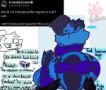  angry anthro armor ask_blog ass_up big_butt birthmark blue_body blue_eyes blue_fur butt clothed clothing dialogue digital_media_(artwork) dinosaur dromaeosaurid duo english_text female femboy fur hair hi_res horn huge_butt huge_hips kneeling looking_at_viewer looking_back male markings meme meme_clothing reptile scalie simple_background solo speech_bubble tail tail_between_legs text theropod thick_thighs topwear twitter ulit uulitch what wide_hips yal 