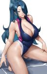  1girl absurdres alternate_costume alternate_hairstyle azuma_fubuki bare_legs barefoot blue_eyes blue_hair blue_one-piece_swimsuit breasts cleavage commentary competition_swimsuit covered_navel full_body hair_over_one_eye highres large_breasts long_hair looking_at_viewer mato_seihei_no_slave mature_female one-piece_swimsuit parted_bangs parted_lips ponytail simple_background smile solo squatting swimsuit white_background yoshio_(55level) 