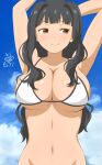  1girl armpits arms_up bare_shoulders bikini black_hair blue_sky blunt_bangs blush breasts cleavage closed_mouth cloud cloudy_sky collarbone curtained_hair dated dot_nose eyelashes grey_hair highres idolmaster idolmaster_(classic) idolmaster_million_live! idolmaster_million_live!_theater_days kirie_dou large_breasts long_hair looking_to_the_side navel no_panties official_alternate_hairstyle purple_eyes shijou_takane sidelocks sideways_glance signature sky smile solo swimsuit underboob upper_body wavy_hair white_bikini 