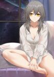  1girl barefoot bed blue_curtains breasts cleavage commentary_request cowboy_shot feet grey_hair hair_between_eyes highres honkai:_star_rail honkai_(series) large_breasts light_blush linreplica long_hair looking_at_viewer no_pants on_bed pillow see-through see-through_shirt shirt smile soles solo star_(sky) stelle_(honkai:_star_rail) thighs toes trailblazer_(honkai:_star_rail) white_shirt window yellow_eyes 