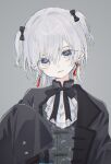  1girl black_bow black_jacket black_ribbon black_shirt bow closed_mouth earrings grey_background grey_eyes hair_bow head_tilt highres indie_virtual_youtuber jacket jewelry long_sleeves looking_at_viewer matsuda_hikari neck_ribbon nekomugi_tororo ribbon shirt simple_background sleeves_past_fingers sleeves_past_wrists solo two_side_up upper_body virtual_youtuber white_hair 