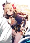  armor armored_boots asymmetrical_legwear bangs between_breasts blonde_hair blue_cape blue_dress blue_legwear blush boots bow breasts brown_eyes cape commentary covered_nipples detached_collar dress earrings ereshkigal_(fate/grand_order) eyebrows_visible_through_hair fate/grand_order fate_(series) fur-trimmed_cape fur_trim hair_bow highres jewelry large_breasts leaning_forward long_hair long_sleeves looking_at_viewer necklace nose_blush parted_bangs parted_lips purple_bow red_bow ririko_(zhuoyandesailaer) single_thigh_boot single_thighhigh skull sleeves_past_wrists solo spine sweat thigh_boots thighhighs tiara two_side_up very_long_hair 