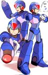  1boy arm_cannon armor blue_armor blue_helmet danyhu16 english_commentary full_body glowing highres light_trail mega_man_(series) mega_man_x8 mega_man_x_(series) multiple_views shoulder_armor simple_background speech_bubble weapon white_background x_(mega_man) x_buster 