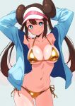  1girl arms_behind_head bikini blue_background blue_eyes blue_jacket breasts closed_mouth collarbone commentary_request doughnut_hair_bun gold_bikini hair_bun highres jacket kamidan large_breasts long_hair looking_at_viewer navel open_clothes open_jacket pokemon pokemon_bw2 rosa_(pokemon) side-tie_bikini_bottom simple_background smile solo swimsuit twintails visor_cap 