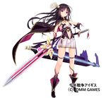  :o akesaka_iku bangs black_cape black_footwear black_gloves black_legwear blush boots cape commentary_request eyebrows_visible_through_hair full_body gloves holding holding_sword holding_weapon huge_weapon katana kneehighs long_hair looking_at_viewer official_art parted_lips pleated_skirt purple_eyes purple_hair sennen_sensou_aigis sheath sheathed simple_background skirt solo standing sword tenma_(sennen_sensou_aigis) very_long_hair weapon white_background white_skirt 