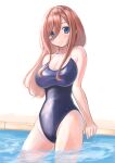  1girl absurdres blue_eyes blue_one-piece_swimsuit breasts brown_hair cleavage competition_school_swimsuit cowboy_shot go-toubun_no_hanayome hair_between_eyes highres large_breasts long_hair looking_at_viewer manabu-san nakano_miku one-piece_swimsuit poolside school_swimsuit simple_background smile solo swimsuit wading water white_background 
