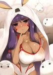  &lt;o&gt;_&lt;o&gt; animal_ears blush breasts cleavage competition_swimsuit cosplay dark_skin facepaint fate/grand_order fate_(series) jackal_ears jewelry kujiran large_breasts long_hair looking_at_viewer medjed medjed_(cosplay) necklace nitocris_(fate/grand_order) nitocris_(swimsuit_assassin)_(fate) one-piece_swimsuit purple_eyes purple_hair sidelocks solo sweat swimsuit swimsuit_pull tears 