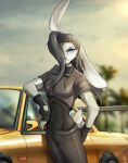 anthro black_clothing black_hair black_handwear blue_eyes clothing endjfcar female hair handwear hi_res lagomorph leporid mammal morning rabbit solo sunset yellow_car