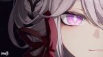  1girl bright_pupils close-up closed_mouth copyright_name grey_hair highres honkai_(series) honkai_impact_3rd logo official_art purple_eyes red_ribbon ribbon second-party_source thelema_(honkai_impact) white_pupils 