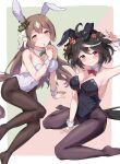  2girls 3: ahoge animal_ears arm_support arm_up black_hair black_leotard black_pantyhose bow bowtie breasts brown_hair cleavage detached_collar double-parted_bangs ear_covers fake_animal_ears finger_to_mouth green_background green_bow green_bowtie hair_ornament highres horse_girl horse_tail index_finger_raised kitasan_black_(umamusume) leotard long_hair looking_at_viewer medium_breasts medium_hair multiple_girls pantyhose playboy_bunny rabbit_ears red_background red_bow red_bowtie red_eyes satolier satono_diamond_(umamusume) sitting smile strapless strapless_leotard sweatdrop tail traditional_bowtie two-tone_background umamusume wariza white_leotard wing_collar wrist_cuffs yellow_eyes 