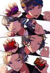  4boys android black_hair black_jacket blonde_hair blue_eyes brown_hair henshin hito01 holding hood hoodie horobi_(kamen_rider_01) humagear_headphones ikazuchi_(kamen_rider_01) jacket jin_(kamen_rider_01) kamen_rider kamen_rider_01_(series) looking_at_viewer male_focus multiple_boys naki_(kamen_rider_01) necktie open_mouth progrise_key shirt short_hair simple_background 