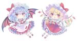  2girls ascot bat_wings blonde_hair blue_hair brooch chibi crystal flandre_scarlet hat hat_ribbon hiyuu_(hiyualice) jewelry mob_cap moon multicolored_clothes multicolored_hair multicolored_wings multiple_girls one_side_up pink_hat puffy_short_sleeves puffy_sleeves red_ascot red_eyes red_moon red_skirt red_vest remilia_scarlet ribbon short_hair short_sleeves siblings side_ponytail sisters skirt skirt_set touhou vest white_hat wings wrist_cuffs yellow_ascot 