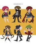  3boys 3girls amami_rantaro androgynous antenna_hair black_eyes black_footwear black_hat black_jacket black_mask black_necktie black_pants black_shirt black_sleeves black_socks blazer blunt_bangs blunt_ends blush_stickers bright_pupils brown_hair brown_jacket brown_necktie buttons cabbie_hat chabashira_tenko che_che_che closed_mouth coattails collar collared_jacket collared_shirt covered_mouth crossed_legs danganronpa_(series) danganronpa_v3:_killing_harmony frown full_body gakuran green_hair grey_collar grey_scrunchie grey_skirt grey_vest hair_between_eyes hair_ornament hair_scrunchie hand_on_headwear hand_on_own_chest hand_on_own_head hand_up harukawa_maki hat high_collar highres jacket k1-b0 kneehighs long_hair long_sleeves looking_at_viewer low_twintails mask miniskirt mouth_mask multiple_boys multiple_girls necktie no_lineart official_alternate_costume one_eye_closed open_clothes open_jacket open_mouth pants pleated_skirt red_hair red_necktie sailor_collar school_uniform scrunchie serafuku shinguji_korekiyo shirt shoes short_hair sidelocks simple_background skirt sleeves_past_wrists socks straight_hair twintails two-tone_background v-neck very_long_hair vest white_background white_footwear white_hair white_pupils white_sailor_collar white_shirt white_socks yellow_background yellow_vest yumeno_himiko 