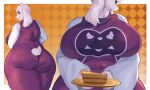 anthro big_breasts big_butt black_eyes boss_monster_(undertale) bovid breast_focus breasts butt caprine cherr_yred clothing dress eyelashes female floppy_ears food front_view fur goat holding_food holding_object holding_pie holding_plate horn huge_breasts huge_butt looking_at_viewer looking_back looking_back_at_viewer lop_ears mammal open_mouth open_smile orange_background pastry pattern_background pie purple_clothing purple_dress rear_view simple_background smile solo toriel undertale_(series) white_background white_body white_fur white_horn