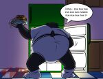 anthro appliance bear bent_over black_body black_fur briefs butt clothed clothing dom_(foxmanad) food footwear foxmanad fridge fur inside kitchen kitchen_appliance male mammal monotone_briefs monotone_clothing monotone_shirt monotone_topwear monotone_underwear overweight overweight_anthro overweight_male pantsless pantsless_anthro pantsless_male plate shirt signature socks solo speech_bubble t-shirt text tighty_whities topwear underwear white_briefs white_clothing white_footwear white_shirt white_socks white_topwear white_underwear