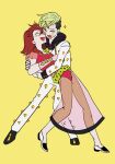  1boy 1girl brown_hair couple dancing fang green_hair higashikata_jobin higashikata_mitsuba highres husband_and_wife jojo_no_kimyou_na_bouken jojolion open_mouth smile sparkle stone_nose swampland yellow_background 