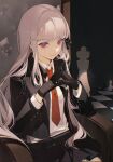  1girl black_gloves black_jacket black_skirt blunt_bangs buttoned_cuffs chess_piece chessboard chongzhen_085 closed_mouth collared_jacket collared_shirt cowboy_shot danganronpa:_trigger_happy_havoc danganronpa_(series) gloves grey_hair highres jacket kirigiri_kyoko long_sleeves looking_at_viewer miniskirt necktie open_clothes open_jacket pink_eyes pleated_skirt red_necktie shirt sidelocks sitting skirt smile solo steepled_fingers suit_jacket throne white_shirt 