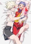  1boy androgynous bad_id bad_twitter_id barefoot bed_sheet black_shorts blonde_hair blue_hair closed_mouth dakimakura_(object) foot_out_of_frame highres holding_glowstick hugging_object ichijou_shin idol_clothes image_sample implied_yaoi inactive_account jacket king_of_prism kisaragi_louis looking_at_viewer lying male_focus midriff_peek necktie on_back open_mouth pants pillow pillow_hug pretty_rhythm pretty_series red_eyes red_necktie red_pants shirt short_hair short_sleeves shorts smile solo twitter_sample white_jacket white_shirt yellow_eyes zashima 