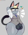 animal_crossing anthro balls balls_outline big_butt blonde_hair blush bodily_fluids bulge butt clothing detailed_bulge eyewear felid feline femboy genital_outline genitals glasses grey_body hair heart_symbol jinu male mammal necktie nintendo penis_outline raymond_(animal_crossing) simple_background solo suit_vest sweat thick_thighs thong underwear wide_hips