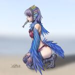  1girl animal_ears bare_shoulders bikini bird_ears bird_legs bird_tail blue_feathers blue_tail blue_wings breasts feathers fish_bone harpy highres kanikani29 kneeling looking_at_viewer medium_hair monster_girl mouth_hold neck_fur original purple_hair red_bikini red_eyes small_breasts solo swimsuit tail talons wings 