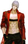  1boy abs belt belt_bra bishounen black_gloves black_pants blue_eyes closed_mouth coat collarbone cowboy_shot dante_(devil_may_cry) devil_may_cry_(series) devil_may_cry_3 fingerless_gloves gloves hand_in_pocket hand_on_own_hip highres jacket jewelry long_hair long_sleeves looking_at_viewer male_focus muscular muscular_male navel necklace nipples open_clothes open_jacket open_shirt pants pectorals realistic red_coat red_jacket simple_background smile solo standing toned topless_male white_background white_hair xiong_hai 
