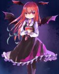  bat_wings black_dress black_thighhighs book bookshelf demon_wings dress head_wings hiyuu_(hiyualice) holding holding_book koakuma long_hair low_wings necktie red_eyes red_hair red_necktie skirt skirt_set thighhighs touhou vest wings 