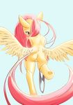  2016 anthro blue_background blush butt clothing conbudou cutie_mark equine eyebrows eyelashes feathered_wings feathers female fluttershy_(mlp) friendship_is_magic hair long_hair looking_at_viewer looking_back makeup mammal mascara my_little_pony nude panties pegasus pink_hair pose presenting seductive simple_background spread_wings teal_eyes underwear undressing wings 