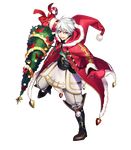  bangs bell boots brown_eyes brown_footwear christmas_ornaments christmas_tree eyebrows_visible_through_hair fire_emblem fire_emblem:_kakusei fire_emblem_heroes fujiwara_ryo full_body fur_trim gloves highres holding holding_weapon hood hood_down knee_boots long_coat long_sleeves looking_at_viewer male_focus male_my_unit_(fire_emblem:_kakusei) my_unit_(fire_emblem:_kakusei) official_art open_mouth pants pom_pom_(clothes) red_gloves ribbon santa_costume smile solo striped transparent_background weapon white_hair 