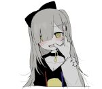  1girl @_@ blunt_bangs blush collar fang finger_in_another&#039;s_mouth grey_hair hair_ornament hair_over_one_eye long_hair original oyasu_miyo_(vreparty) pale_skin rabbit_hair_ornament simple_background stitches vreparty white_background yellow_eyes 