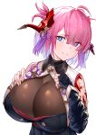  1girl ahoge blue_eyes breasts chichiri cleavage draph gradient_hair granblue_fantasy hair_ornament highres horns huge_breasts looking_at_viewer multicolored_hair pink_hair pointy_ears smile solo tassel tassel_hair_ornament unkobako upper_body 