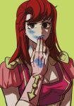  1girl after_kiss blue_lips bridal_gauntlets brown_eyes green_background hand_to_own_mouth higashikata_mitsuba highres jewelry jojo_no_kimyou_na_bouken jojolion lipstick lipstick_mark makeup nail_polish red_hair ring solo swampland 