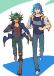  2boys absurdres black_hair black_shirt blonde_hair blue_hair blue_jacket blue_pants blue_shirt boots brown_footwear bruno_(yu-gi-oh!) denim facial_mark fudo_yusei full_body green_pants highres jacket male_focus multicolored_hair multiple_boys pants purple_eyes running shirt spiked_hair streaked_hair two-tone_hair white_jacket youko-shima yu-gi-oh! yu-gi-oh!_5d&#039;s 