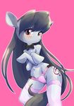  2017 anthro black_hair blush bow bow_tie clothing conbudou crossed_hooves cutie_mark earth_pony equine eyelashes female friendship_is_magic hair horse legwear long_hair looking_at_viewer makeup mammal mascara my_little_pony octavia_(mlp) panties pink_background pony pose purple_eyes seductive simple_background solo stockings underwear 
