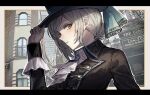  1girl ascot cityscape coat english_text grey_eyes grey_hair hair_bun hat highres holding holding_clothes holding_hat long_sleeves looking_at_viewer reverse:1999 siena_(moratoriummaga) single_side_bun solo top_hat vertin_(reverse:1999) white_ascot 