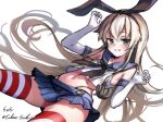  1girl artist_name black_hairband black_neckerchief black_panties blonde_hair blue_sailor_collar blue_skirt crop_top eckert&amp;eich elbow_gloves gloves grey_eyes grin hairband highleg highleg_panties kantai_collection long_hair microskirt miniskirt neckerchief one-hour_drawing_challenge panties pleated_skirt sailor_collar shimakaze_(kancolle) shirt simple_background skirt sleeveless sleeveless_shirt smile solo striped_clothes striped_thighhighs thighhighs twitter_username underwear white_background white_gloves 