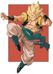  1boy absurdres black_vest blonde_hair blue_sash cropped_vest dragon_ball dragon_ball_z fighting_stance full_body gogeta green_eyes highres male_focus medium_hair metamoran_vest muscular muscular_male nipples no_shirt pants red_background relio_db318 sash simple_background solo spiked_hair super_saiyan super_saiyan_1 twitter_username vest white_pants 