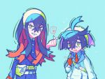  1boy 1girl artist_name black_hair blue_background blue_jacket brother_and_sister carmine_(pokemon) colored_inner_hair commentary crossed_bangs fanny_pack finger_heart gloves hair_between_eyes hairband heart jacket kieran_(pokemon) long_sleeves looking_at_viewer mole mole_on_neck multicolored_hair open_mouth partially_fingerless_gloves pokemon pokemon_sv purple_hair red_gloves red_hair shiro_(46isou) siblings single_glove smile symbol-only_commentary upper_body white_jacket yellow_eyes yellow_hairband 