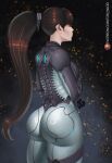  1girl ass black_bodysuit black_hair bodysuit closed_mouth dark_background english_commentary eve_(stellar_blade) facing_ahead from_side highres huge_ass long_hair patreon_username planet_diving_suit_(6th)_(stellar_blade) ponytail signature silver_bodysuit solo stellar_blade tight_clothes tom_wlod very_long_hair 