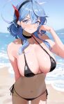  1girl absurdres ako_(blue_archive) alternate_costume arm_behind_back beach bikini black_bikini black_choker blue_archive blue_eyes blue_hair blush breasts choker collarbone commentary haerge hair_between_eyes halo highres large_breasts looking_at_viewer navel outdoors side-tie_bikini_bottom solo stomach swimsuit 